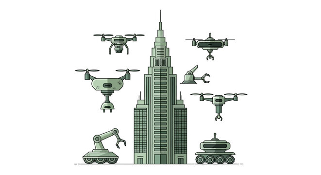 Drones flying over skyscraper city.