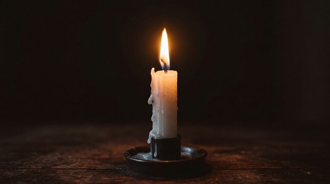 Single Candle Flame Burning Brightly in Dark Room on Wooden Table, Warm Light