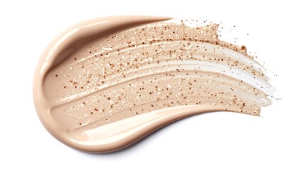 Fototapeta premium Beige foundation smear with gold glitter. A light beige foundation is swirled and smeared across a white background, sprinkled with tiny gold glitter particles