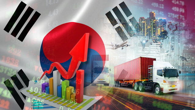 South Korea's freight transport sector is thriving. Illustrated by the South Korean flag, set against a backdrop of a city, cargo planes taking off, and container trucks, the upward-pointing red arrow