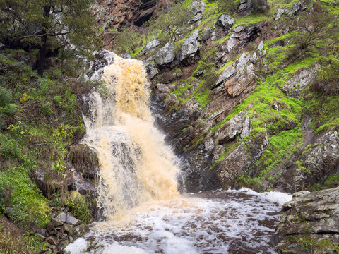 Ingalalla Falls waterfall in Hay Flat on the Fleurieu Peninsula, South Australia during high winter flow