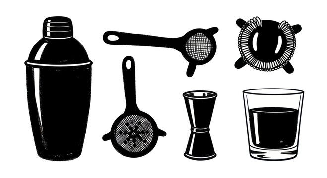 Collection of Bar Tools and Glassware for Cocktail Making.