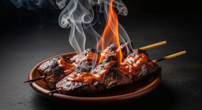 Peruvian Anticuchos Beef Heart Skewers Charred Aji Panka Glaze Smoke Clay Plate