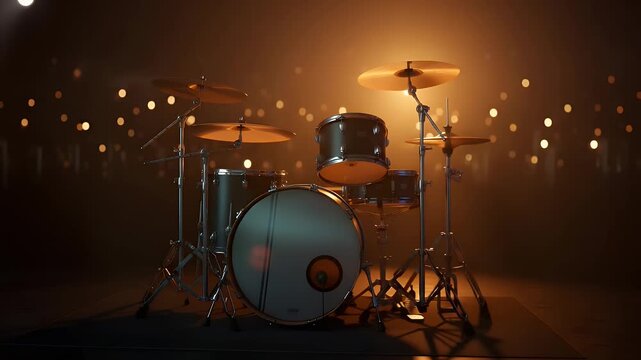 Professional drum kit illuminated by warm stage lighting stands ready for a musician to perform live music at a dark concert venue with bokeh lights in background