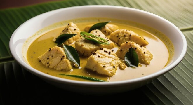 Keralan Fish Molee Coconut Milk Curry White Fish Pieces Golden Broth 45-Degree