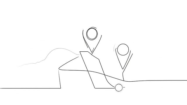 A continuous line drawing showing two location markers on a simple path