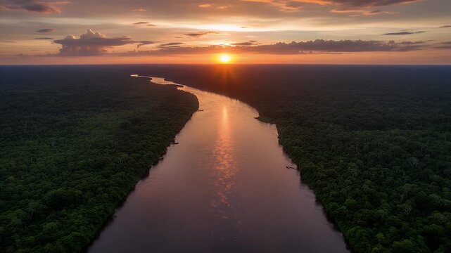 Breathtaking aerial view of a vast tropical river winding gracefully through an immense, untouched rainforest canopy during a spectacular sunset, brilliantly reflecting golden light on the water.