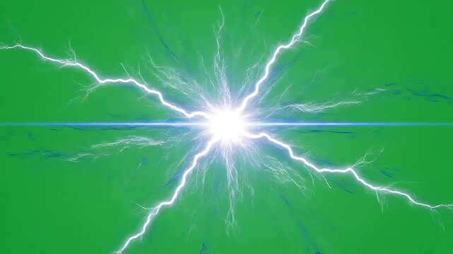 A bright electrical discharge radiates outward against a solid green background