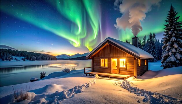 Snowy cabin aurora borealis night