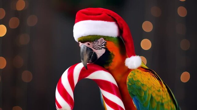 A colorful macaw wearing a Santa hat holds a candy cane