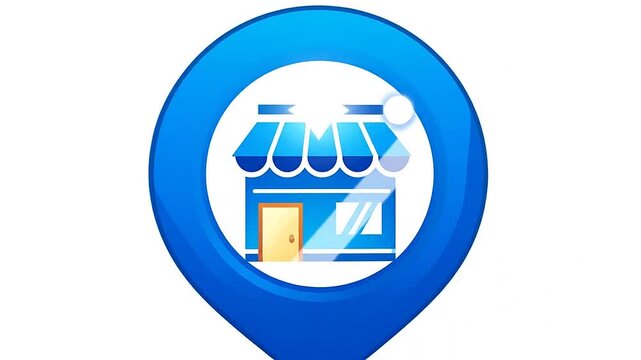 A blue map pin icon featuring a small shop symbol for location services