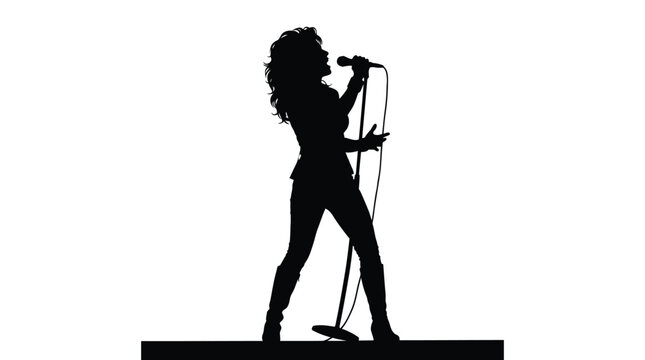 Elegant silhouette photograph of a female singer performing with a microphone on stage capturing the energetic essence of a musical talent during a vibrant live concert