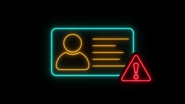 Neon ID card warning animation. Glowing Personal data verification not approved motion. id card Verification Error Concept design. Information not valid 4k video.