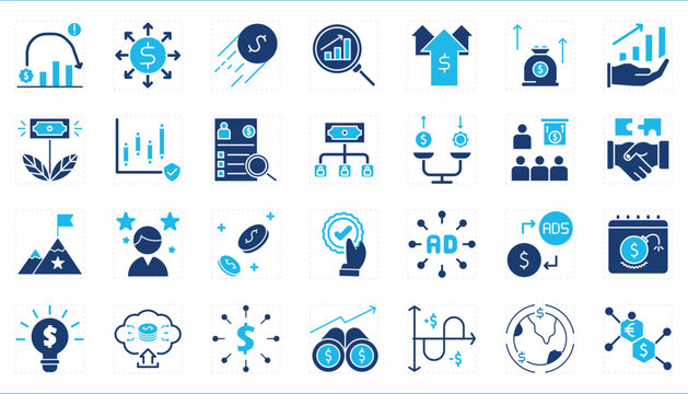 A set of icons related to Finance and Income. Income, salary, money, dollar, finance, calculate, upgrade, graph, budget, and so on.