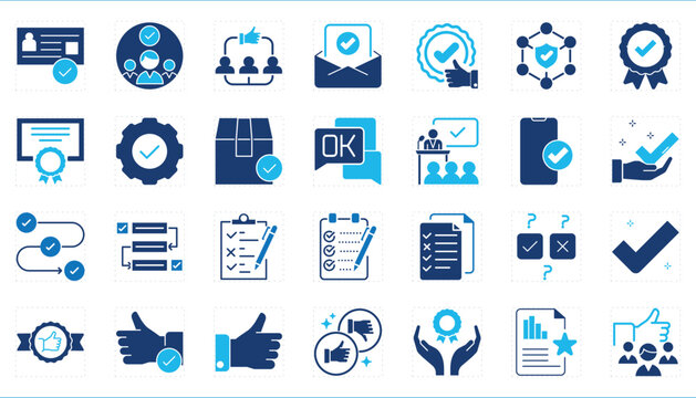 A set of icons related to Approval and Acceptance. Accept, approve, like, feedback, star, checklist, message, okay, and so on.