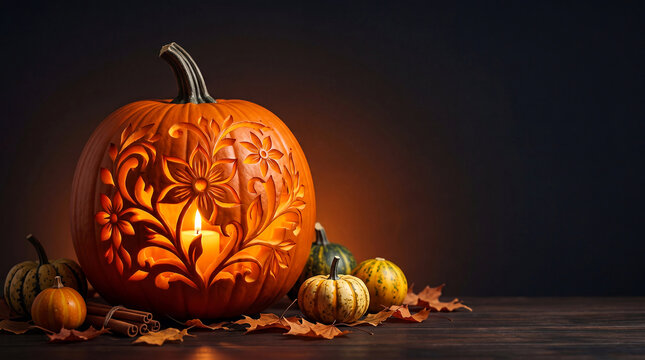 Elegant carved pumpkin jack-o-lantern with intricate floral pattern glowing warm amber light on