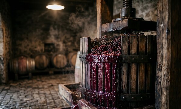 Traditional wooden wine press crushing dark red grapes, deep burgundy grape juice flowing over aged oak wood, dramatic lighting from above highlighting the rich purple-red liquid.