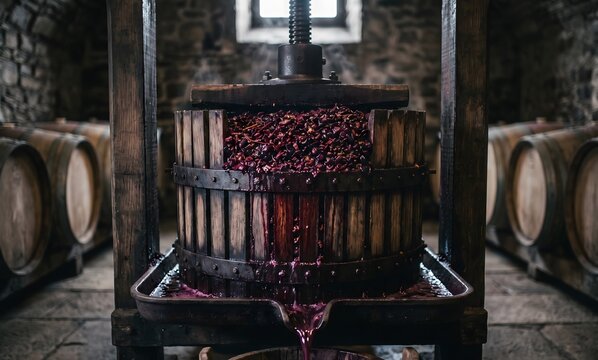 Traditional wooden wine press crushing dark red grapes, deep burgundy grape juice flowing over aged oak wood, dramatic lighting from above highlighting the rich purple-red liquid.