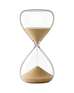 Elegant glass hourglass with flowing sand isolated on white background, symbolizing time management, countdown, patience, urgency, productivity, and the passage of time.