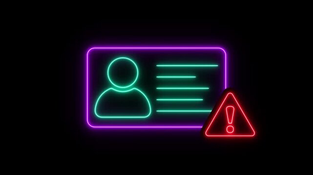 Neon ID card warning animation. Glowing Personal data verification not approved motion. id card Verification Error Concept design. Information not valid 4k video.