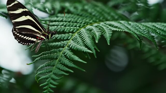 Black and white butterfly resting on a fern leaf