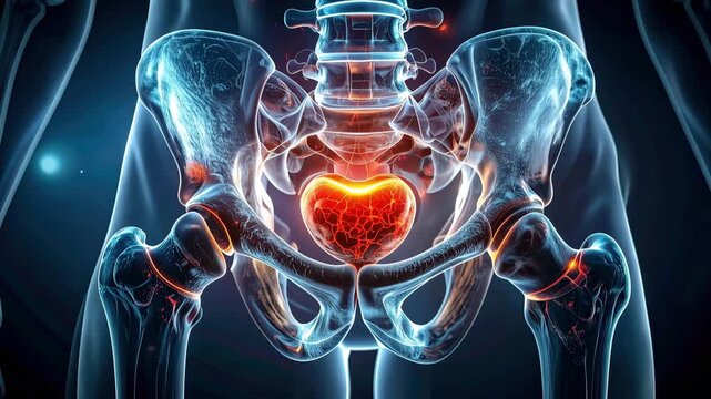 Anatomy of the Human Pelvis: A detailed anatomical illustration showcasing the pelvic region with an emphasis on the skeletal structure and internal organs.