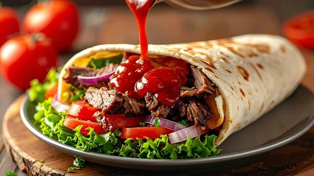 A delicious grilled meat wrap with fresh vegetables and savory sauce on a plate
