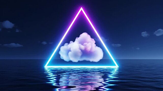 Neon triangle with cloud floating on water surface at night