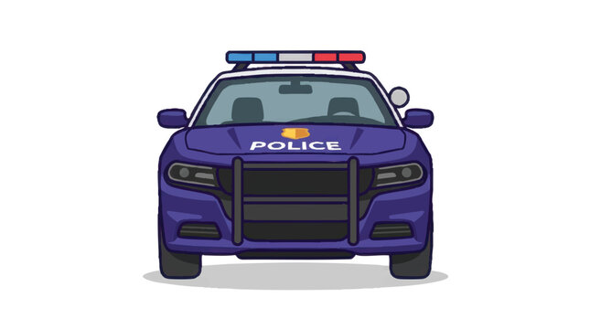 American police patrol car front view vector illustration showing purple law enforcement interceptor vehicle with light bar and push bumper on white background for security and public safety theme.