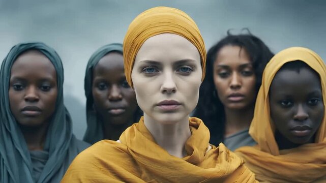 A group of women stands close together in a dark and moody setting. They wear colorful headscarves and show their strength and unity as they focus on a common goal.
