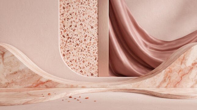 Elegant 3D product scene with pink terrazzo panel, rose gold frame, flowing silk drape, and wavy marble surface in blush tones