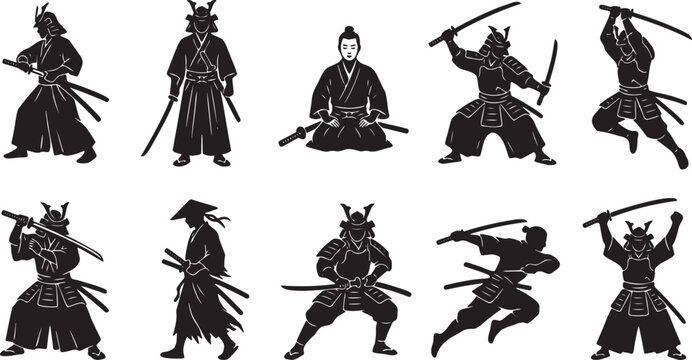 Samurai Warrior Katana Poses Silhouette Vector Icon Set.