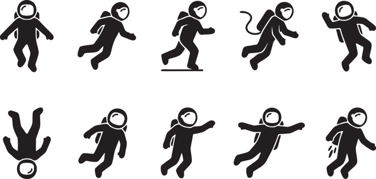 Astronaut Zero Gravity Space Walk Silhouette Vector Icon Set.