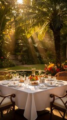 Fototapeta premium A sun-drenched outdoor dining scene, featuring a beautifully set table in a tropical garden setting. Golden sunlight streams through lush foliage.