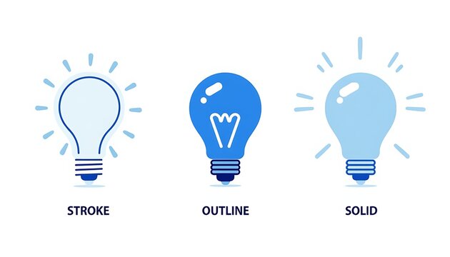 Three Light Bulb Icon Styles Displayed as Stroke, Outline, and Solid Variants for Design System and UI/UX Asset Libraries

