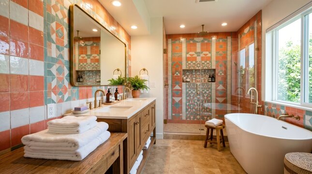 Freestanding bathtub beside patterned tiled shower in bathroom