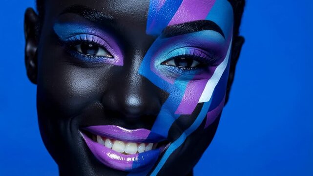 A model shows artistic face painting with bright colors and interesting designs. The close-up view highlights the details of the makeup against a blue background.