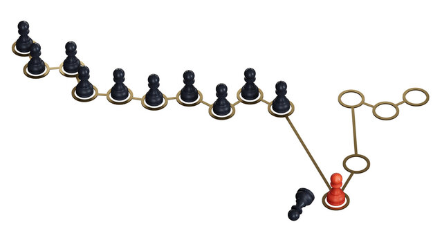 pawns over a red chart to recover from a crisis. Business continuity plan or disaster recovery concept .Supports PNG files with transparent backgrounds.