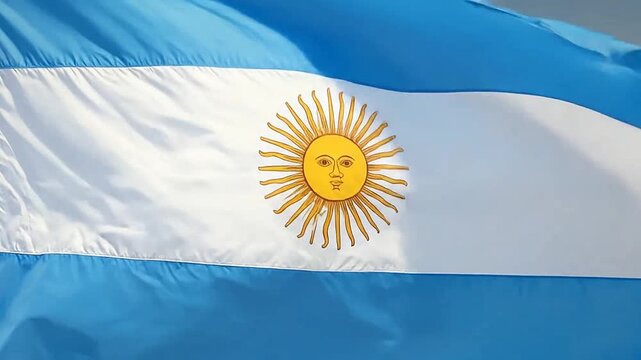 A bright blue and white national flag with a golden sun emblem waving in the wind