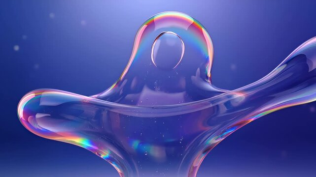 Abstract liquid fluid blob organic blue purple translucent glossy surface with smooth iridescent transparent sculpture on blue background and soft glow surreal minimal fantasy concept