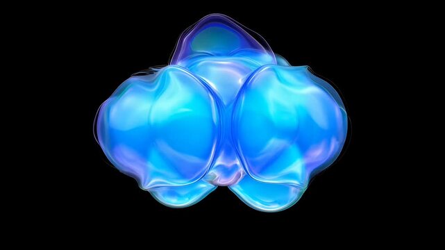 Abstract liquid fluid blob organic blue translucent 3d render black background with soft glow and smooth form, glowing blue transparent sphere cluster with smooth reflective surface and futuristic