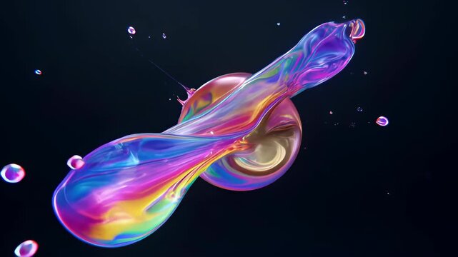Abstract liquid fluid blob organic colorful swirl motion on dark background with blue purple glossy shape, smooth reflective surface, neon gradient, glowing splash, modern digital art style