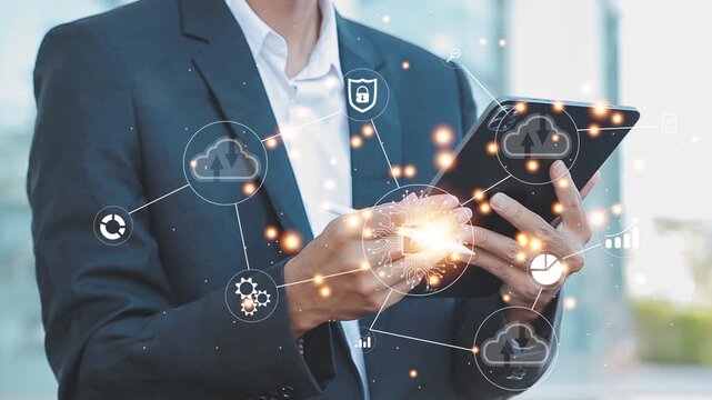 Business professional using digital tablet showcasing artificial intelligence and cloud technology concepts with futuristic interface elements