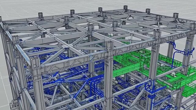 A detailed three dimensional wireframe model of a complex industrial steel structure