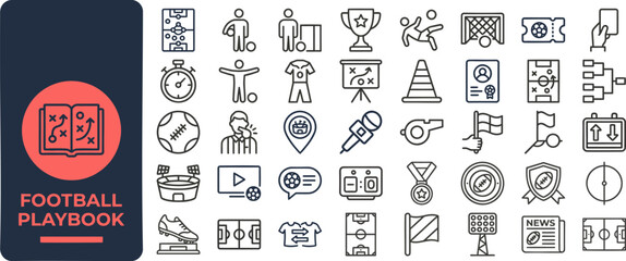 Fototapeta premium Football Playbook and Sport Strategy outline icon set. Featuring trophy, whistle, field, helmet, and coach symbols. Editable stroke vector icons for sport league and game tactic.
