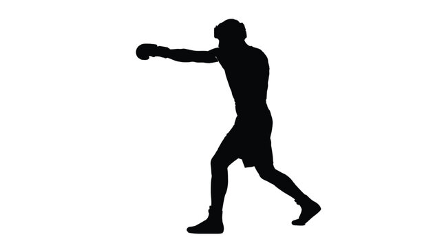 A professional boxer performing a powerful jab motion in this high contrast silhouette photo showing athletic form and intense focus during a serious training session workout