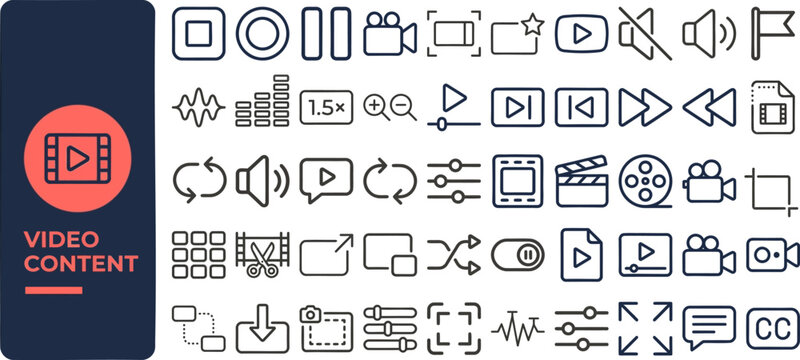 Video Content and Media Player outline icon set. Featuring play, pause, stream, camera, and record symbols. Editable stroke vector icons for video editor and broadcasting platform.