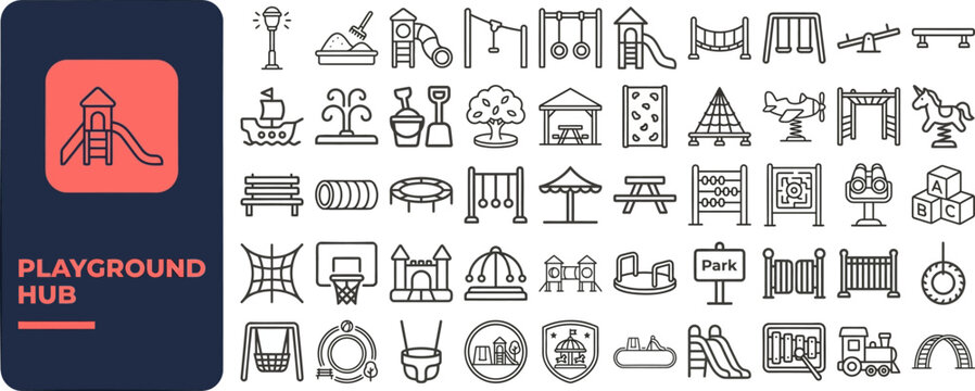 Playground Hub and Kid Park outline icon set. Featuring slide, swing, seesaw, sandbox, and toy symbols. Editable stroke vector icons for children recreation and family outdoor activity.