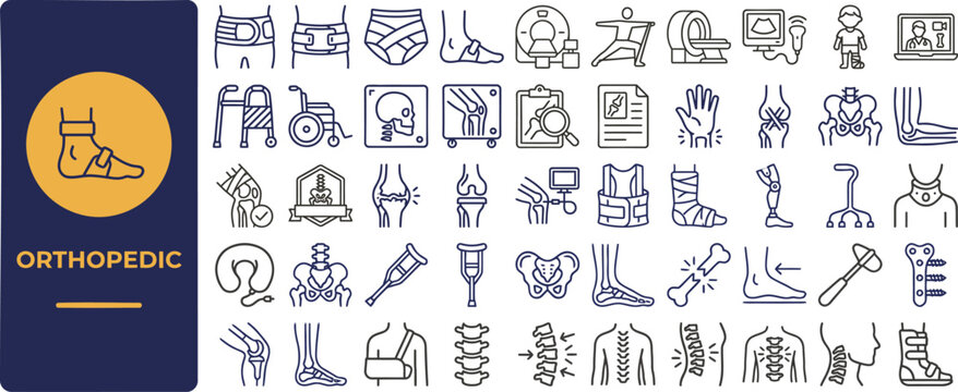 Orthopedic and Bone Therapy outline icon set. Featuring joint, crutch, x-ray, cast, and spine symbols. Editable stroke vector icons for orthopedic clinic and rehab service.