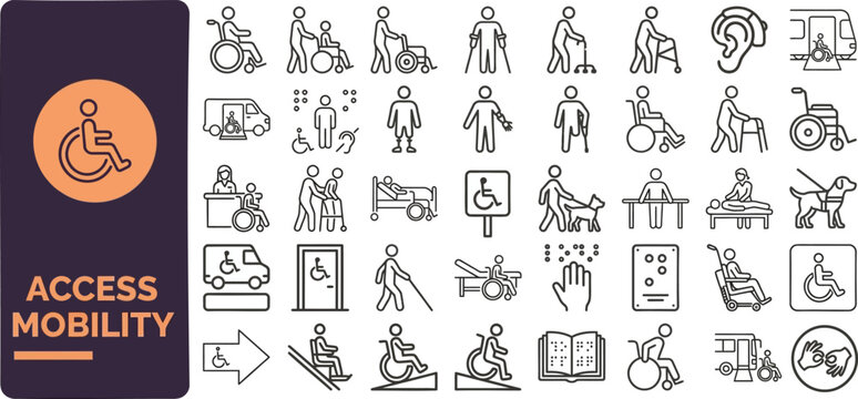 Access Mobility and Disability outline icon set. Featuring wheelchair, crutch, ramp, blind cane, and inclusion symbols. Editable stroke vector icons for accessibility and assistance service.